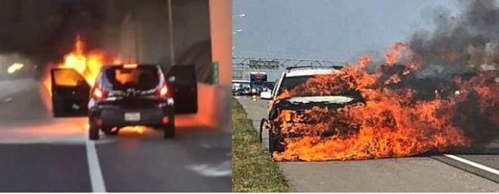 На фото слева Kia Soul пылает на хайвее…
