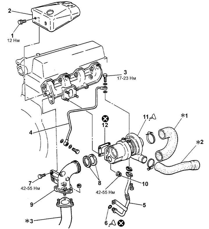 Турбокомпрессор — снятие (Двигатели D4AF, D4AK, D4AE)
