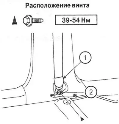 2. Поднимите крышку (1) и открутите нижний винт (2).