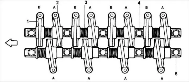 1 – wahacz B; 2 – rocker A; 3 – sprężyny wahacza; 4 – dźwigienka zaworu…