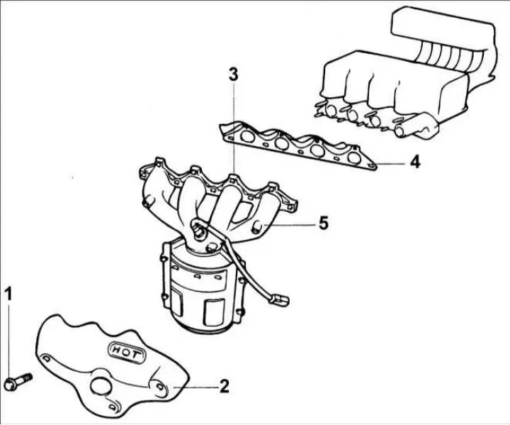 1 – болт, 15–20 Nm; 2 – топлинен щит; 3 – шпилки, 15–20 Nm; 4 – уплътнение на…