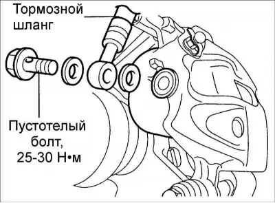 3. Вверните и затяните требуемым моментом затяжки пустотелый болт крепления…