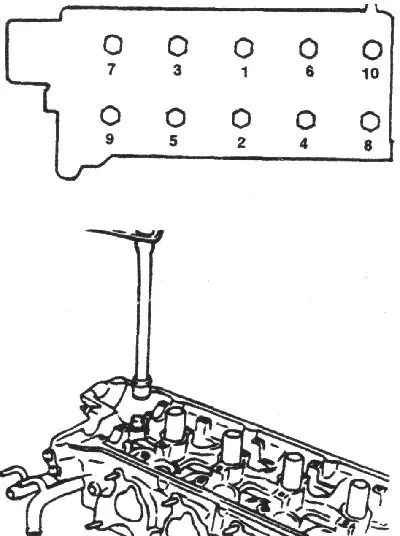 8. Tighten the cylinder head bolts in the sequence shown in the figure.