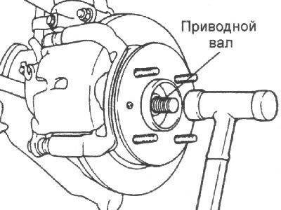 6. Using a nylon hammer, tap the drive shaft out of the front wheel hub. If the drive shaft is…