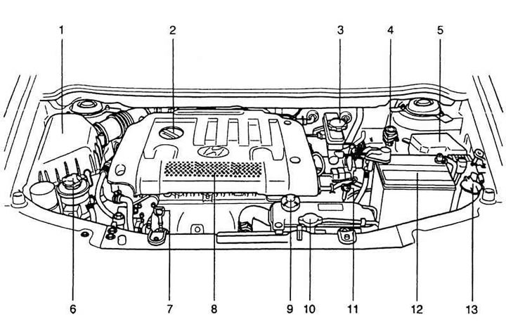 Хендай солярис расположение электрооборудования под капотом Identification data and engine compartment (Hyundai Matrix 2001-2010, petrol: Us