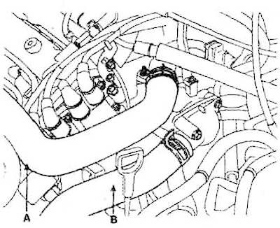 6. Свалете горния (A) и долния (B) маркуч на радиатора.