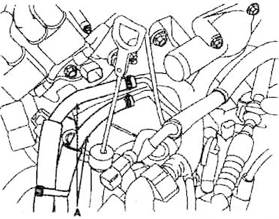 19. Изключете маркучите на масления охладител от автоматичната скоростна кутия (A).