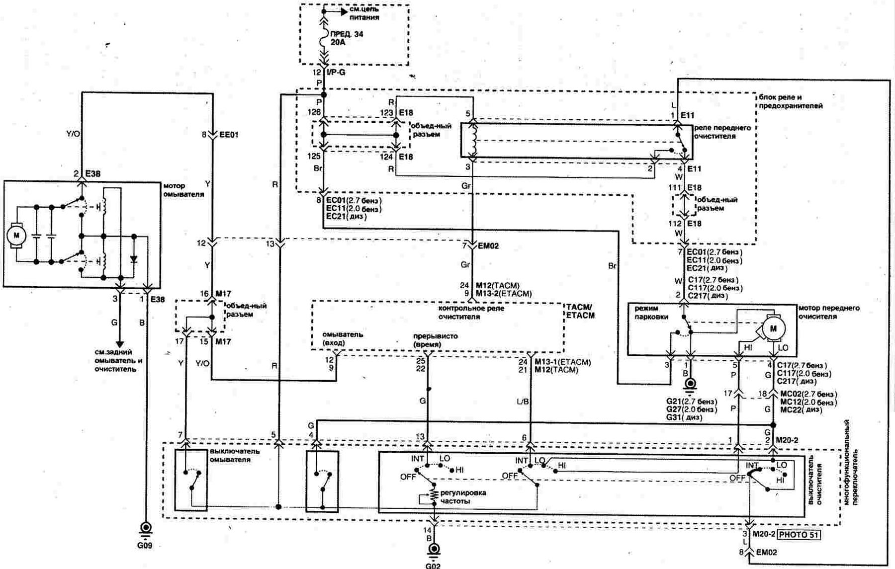 Электросхема переднего стеклоомывателя и стеклоочистителя (Хендай ...