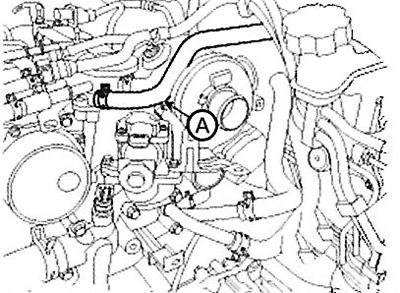 9. Disconnect the vacuum hose (A).
