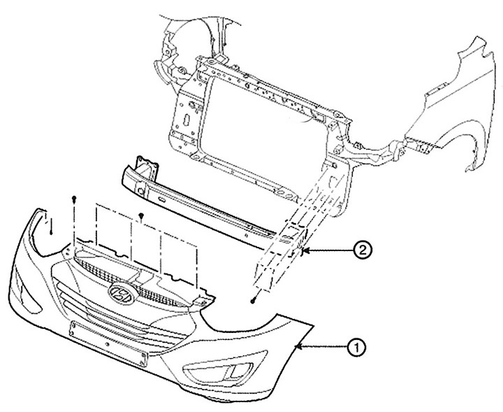 Как снять бампер санта фе 2 Front bumper (Hyundai Tucson 2 2009-2015: Body: Exterior (external elements))
